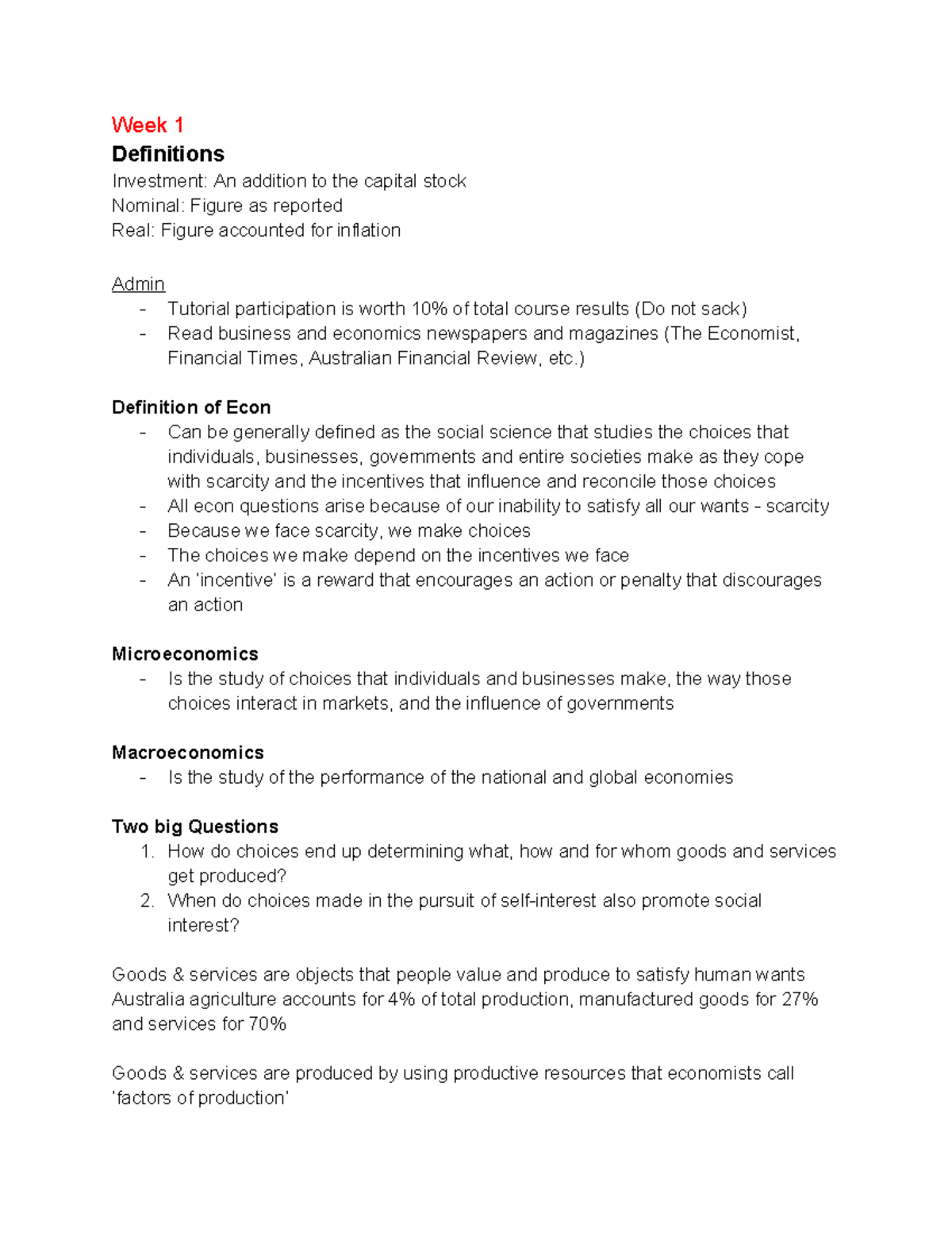 ECON1102 - Macroeconomics - Week 1 Definitions Investment: An addition ...
