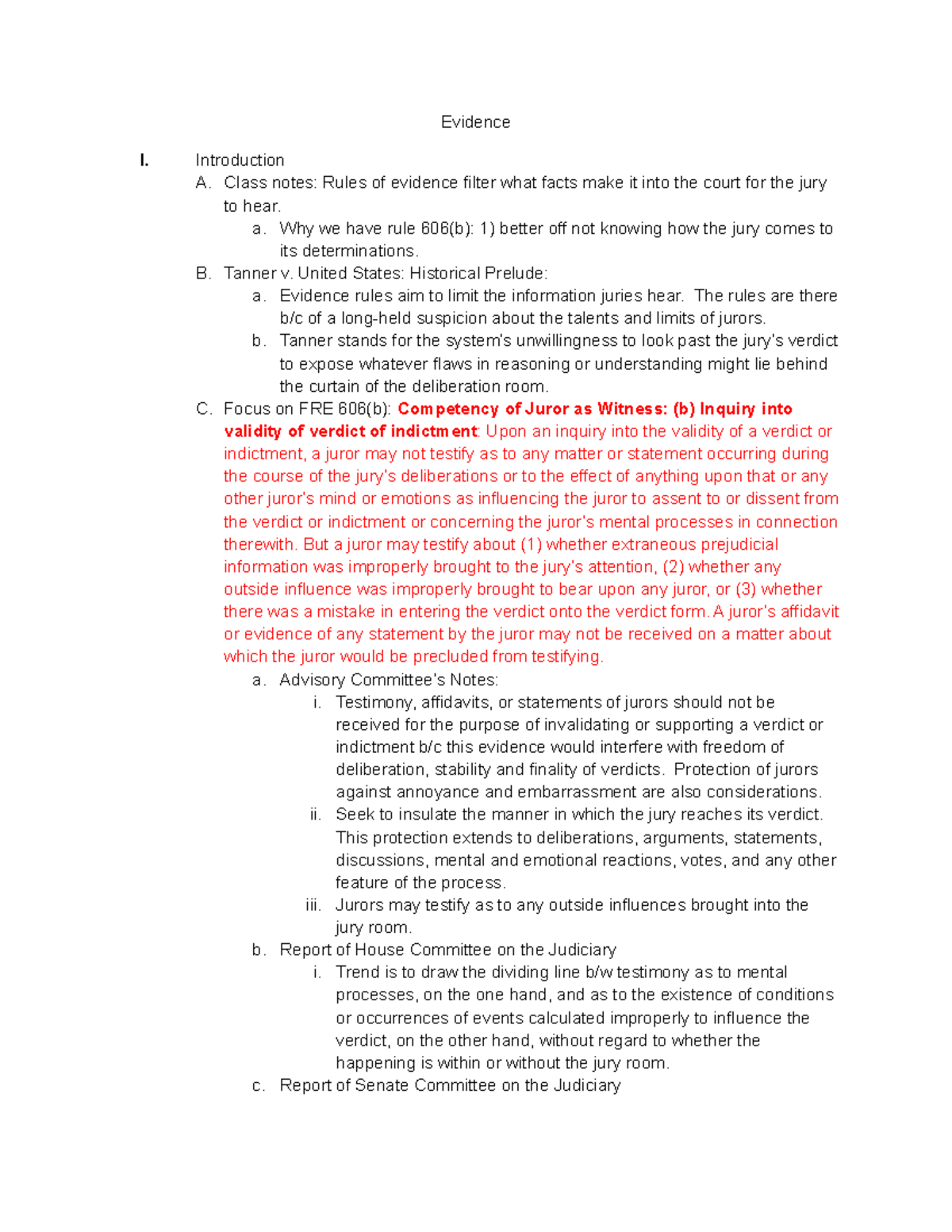 Evidence - Evidence I. Introduction A. Class notes: Rules of evidence ...