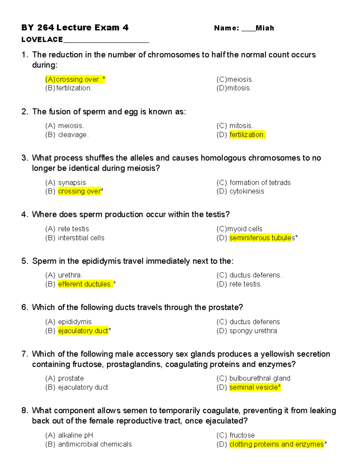 Exam 4 human anatomy - Exam 4 - BY 264 Lecture Exam 4 Name: ____Miah ...