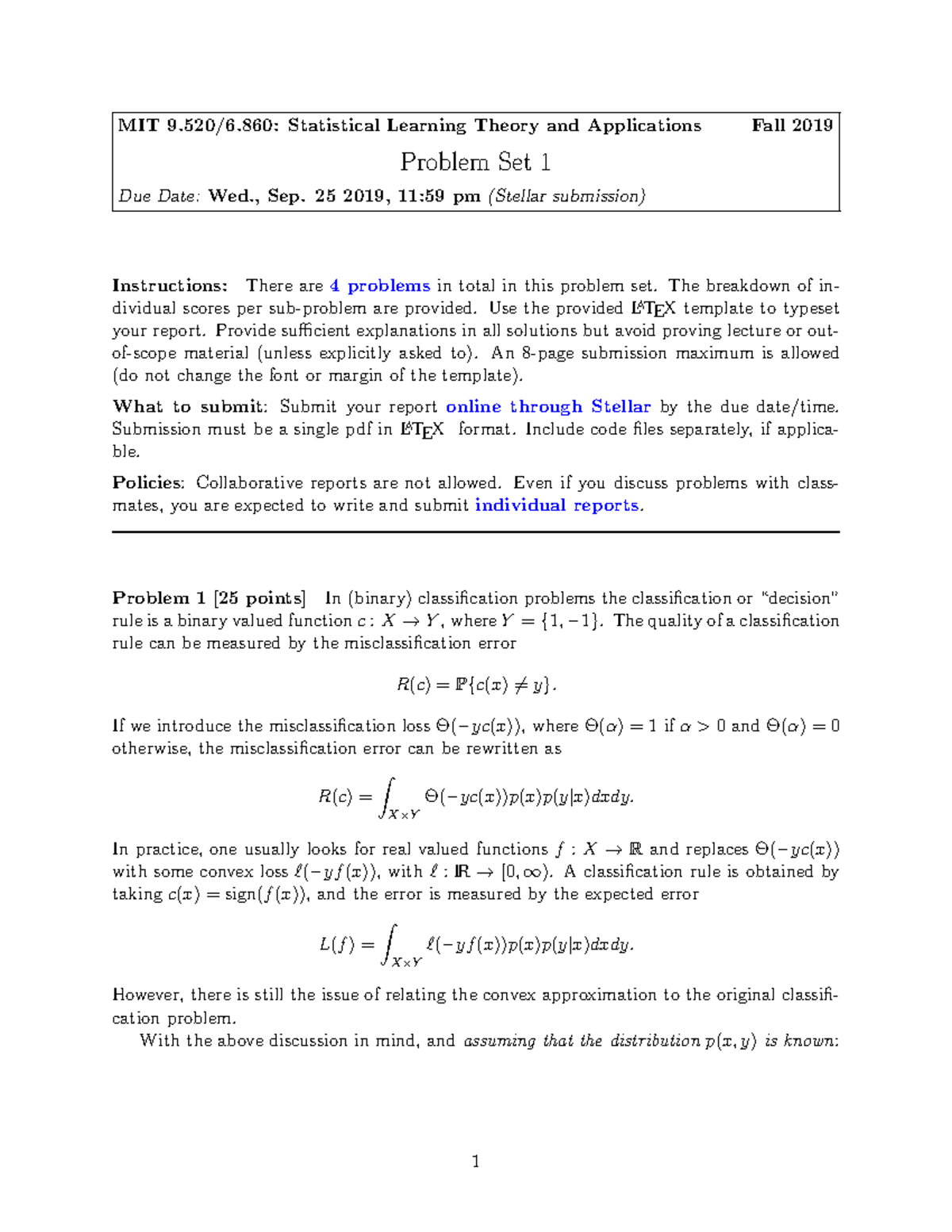 9520 Fall2019 Pset1 - Pset 1 - MIT 9.520/6: Statistical Learning Theory ...