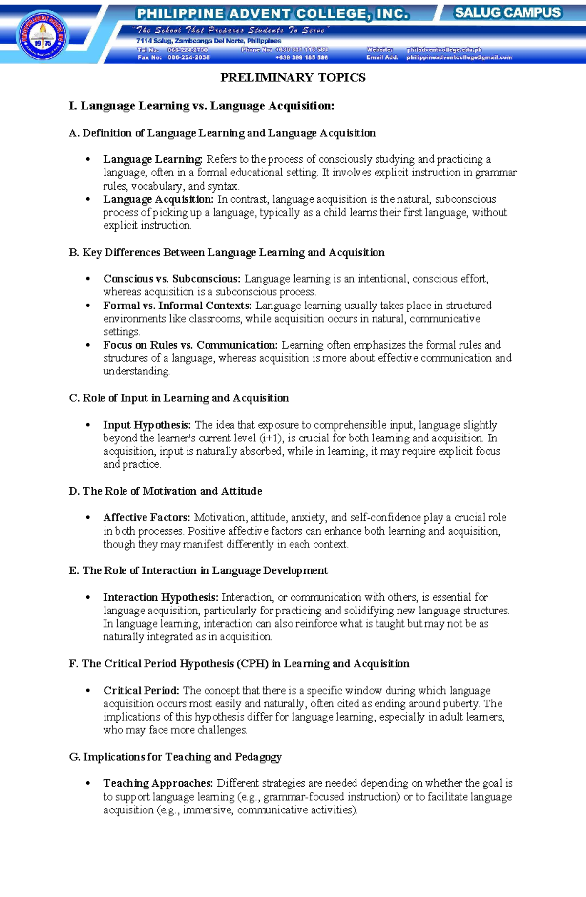Preliminary Topics - N/A - PRELIMINARY TOPICS I. Language Learning vs ...