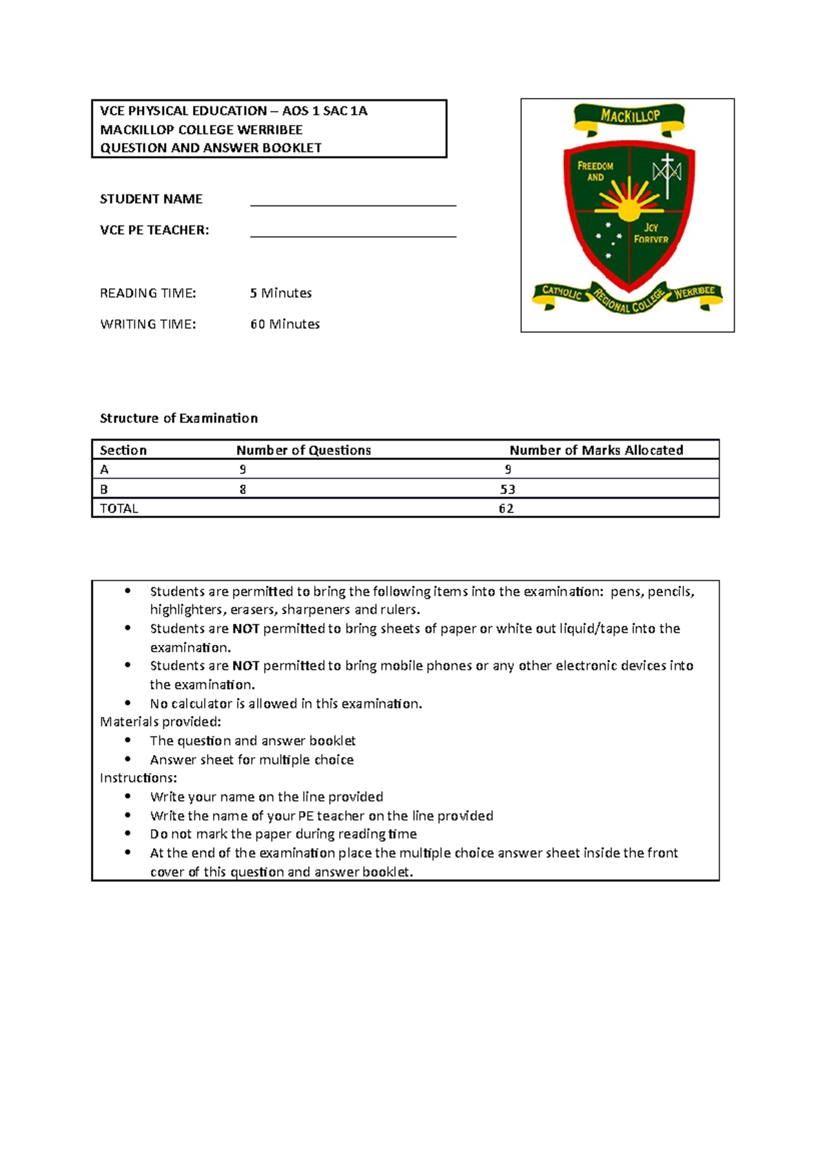 Unit 3 AOS1 SAC 1 Answers - VCE PHYSICAL EDUCATION – AOS 1 SAC 1A ...