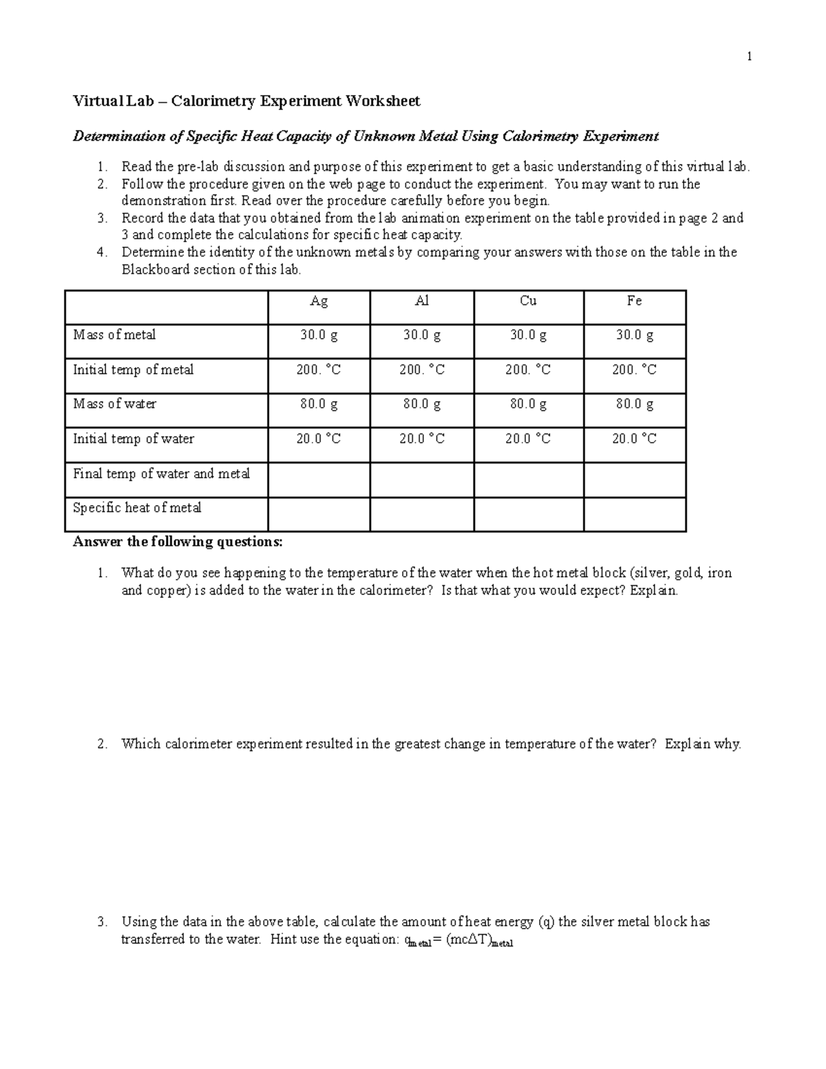 Virtual Lab Calorimetry Worksheet 1 Virtual Lab Calorimetry