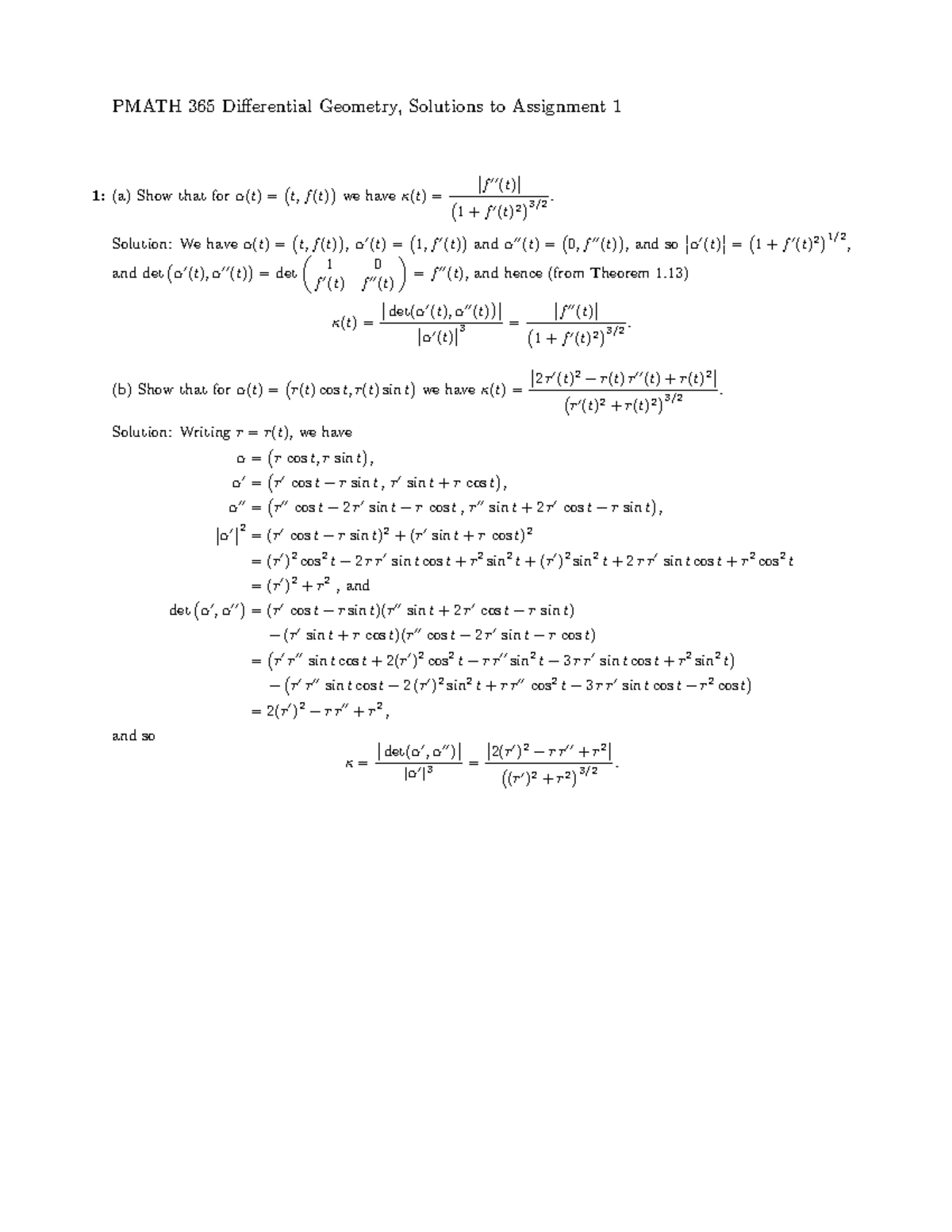 Assig 1soln PMATH 365 Differential Geometry, Solutions to Assignment