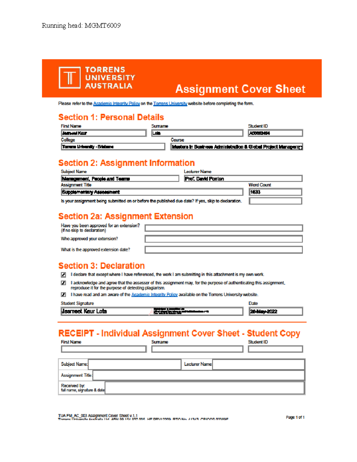 MGT600 Lota J Supplementary Assessment - MGMT6009 Managing People And ...