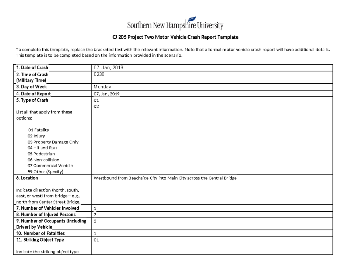 CJ 205 Project Two Motor Vehicle Crash Report Template - Note that a ...