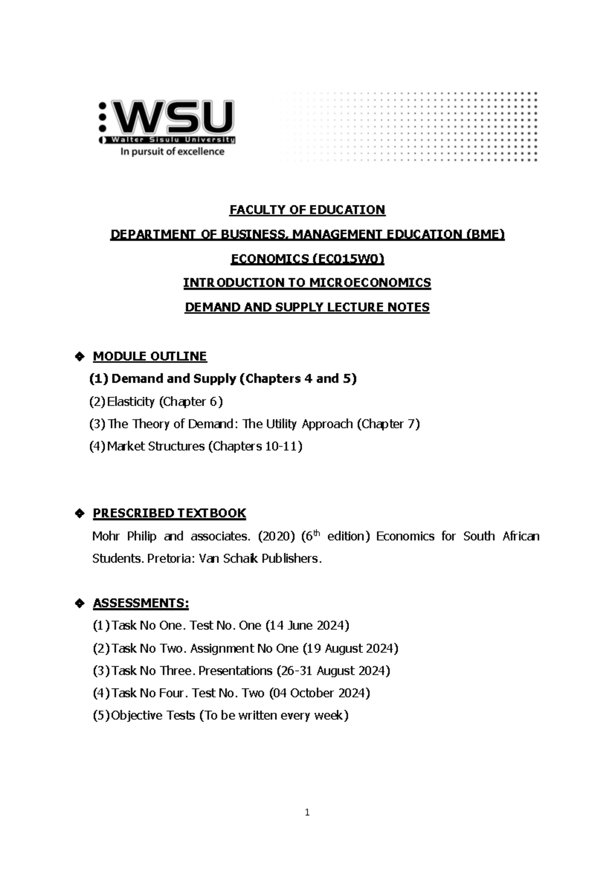 2024 Demand and Supply Lecture Notes No Four 04 With Classwork ECO15W0 ...