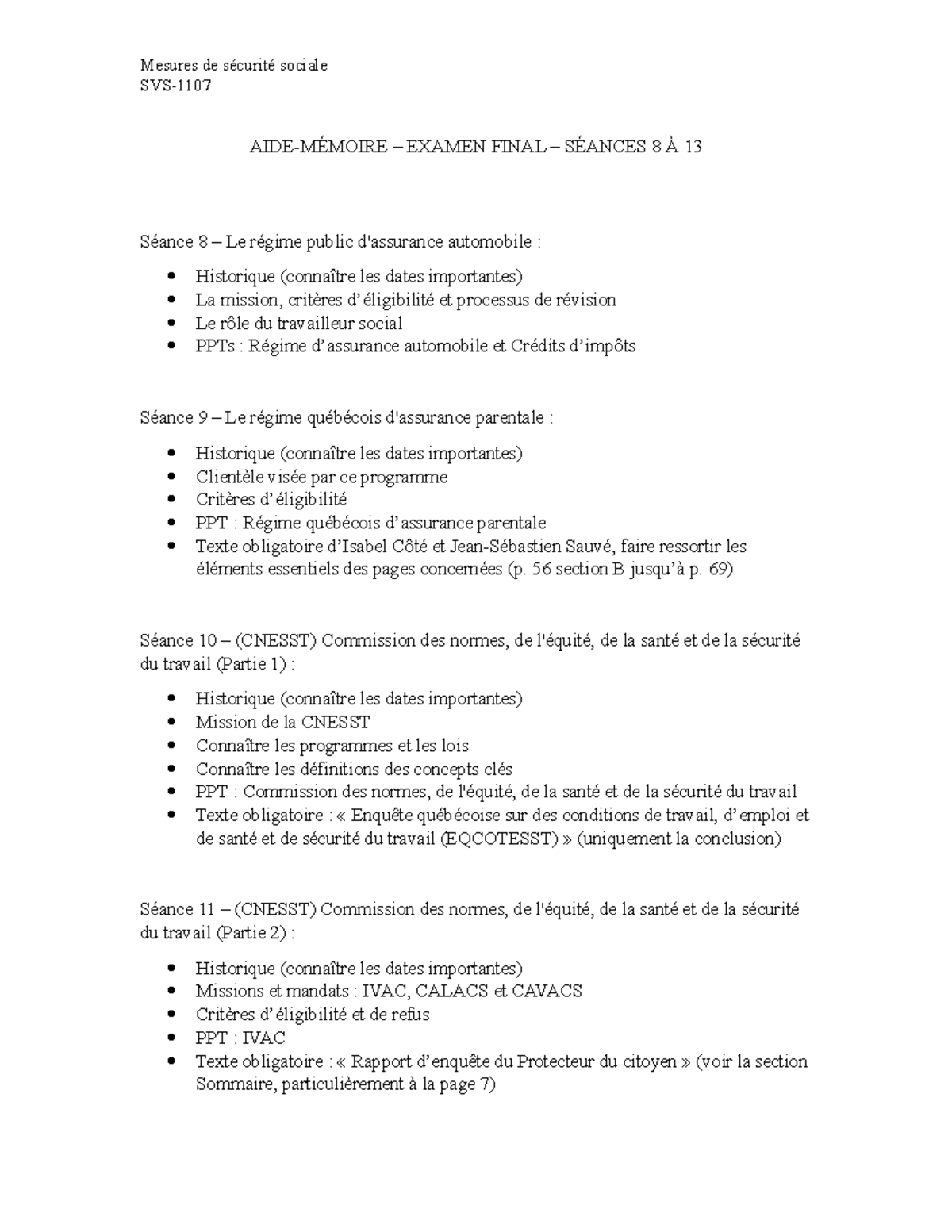 Aide-mémoire Examen Final H2023 - Mesures de sécurité sociale SVS- AIDE ...