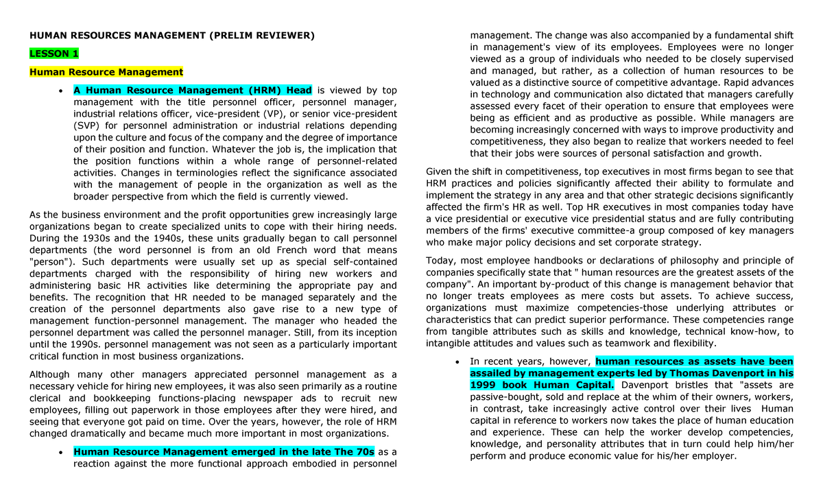 HRM-Prelim Reviewer - Lecture notes about Human Resource Management ...