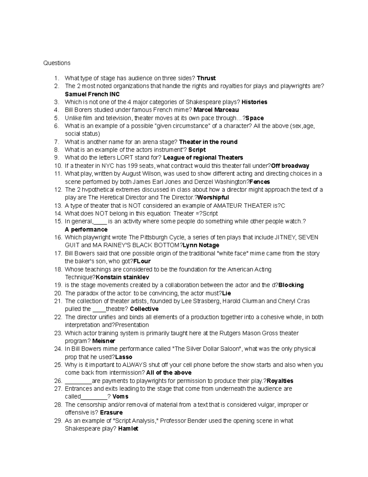 Theater notes exam questions and answers Questions What type of