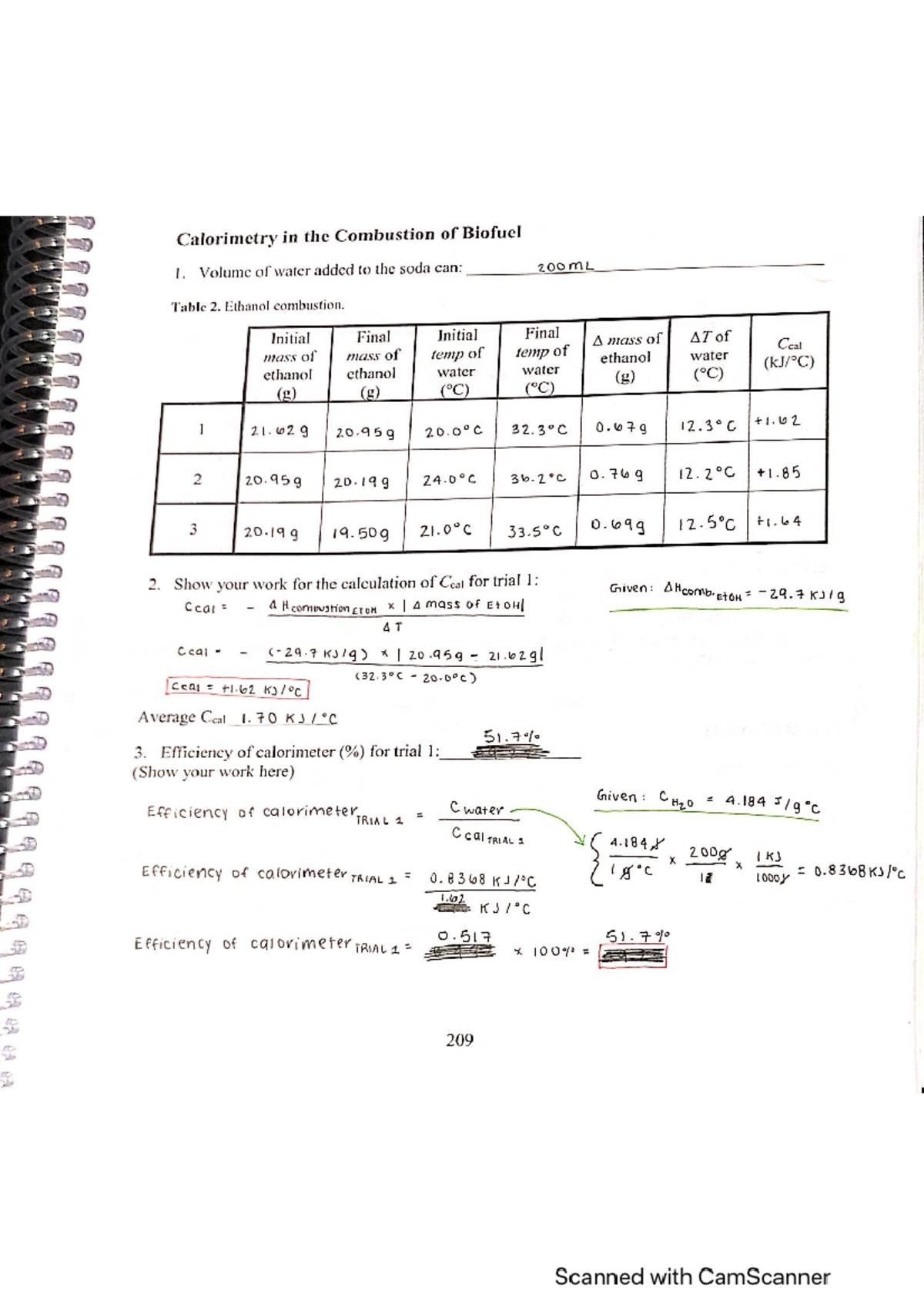 CHEM 1A Biofuels PART C LAB Report AND Lab Notebook - Calorimetry In ...