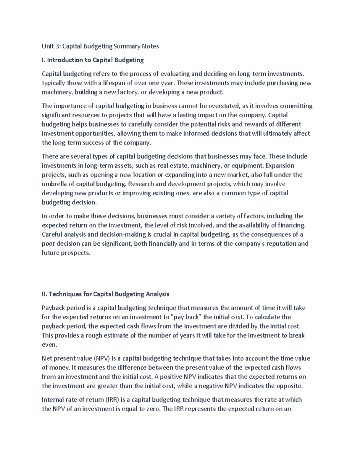 Unit 3 Capital Budgeting Summary - Unit 3: Capital Budgeting Summary ...