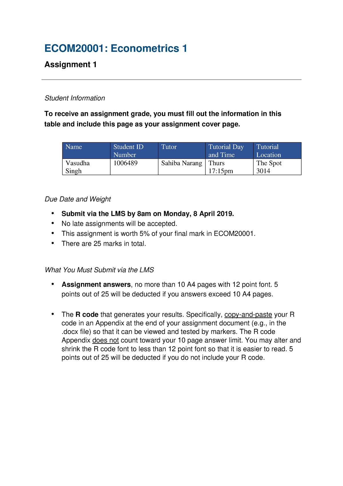 econometrics assignment example