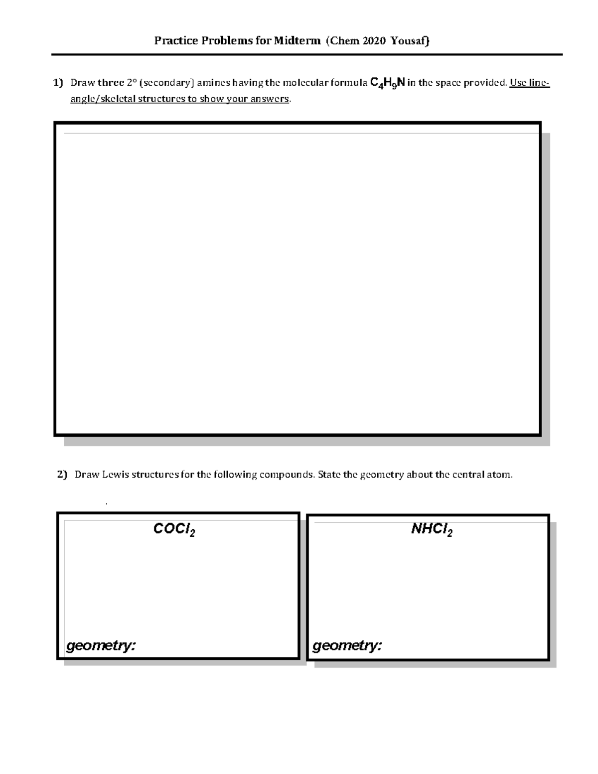 Chem 2020 Practice Problems Midterm 1 - Practice Problems for Midterm ...