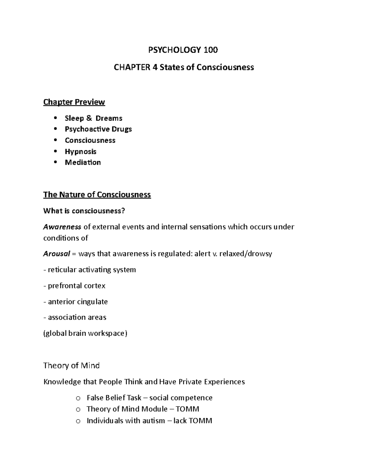 PSY 100 Chapter 4 - States Of Consciousness - PSYCHOLOGY 100 CHAPTER 4 ...