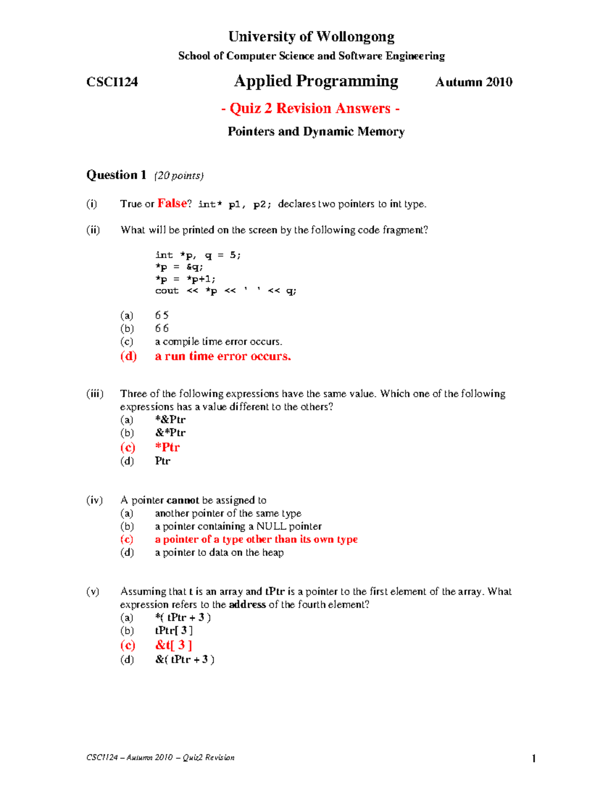 Sample/practice exam 2011, answers - quiz 2 - University of Wollongong ...