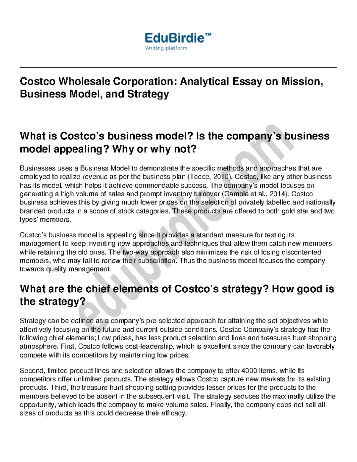 Costco Wholesale Corporation Analytical Essay on Mission, Business Model, and S Costco