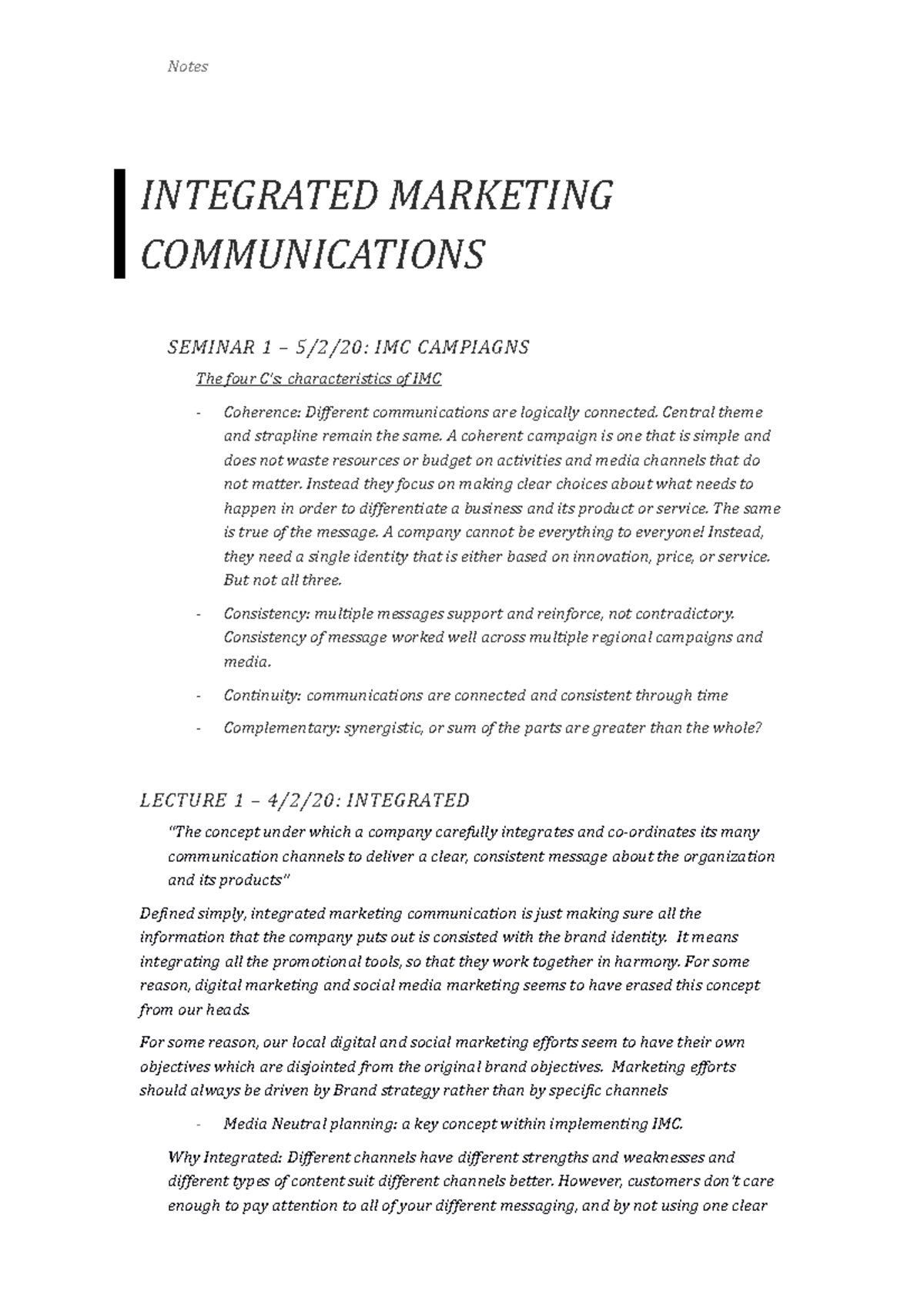 Integrated Marketing Communications - Notes Integrated Marketing 