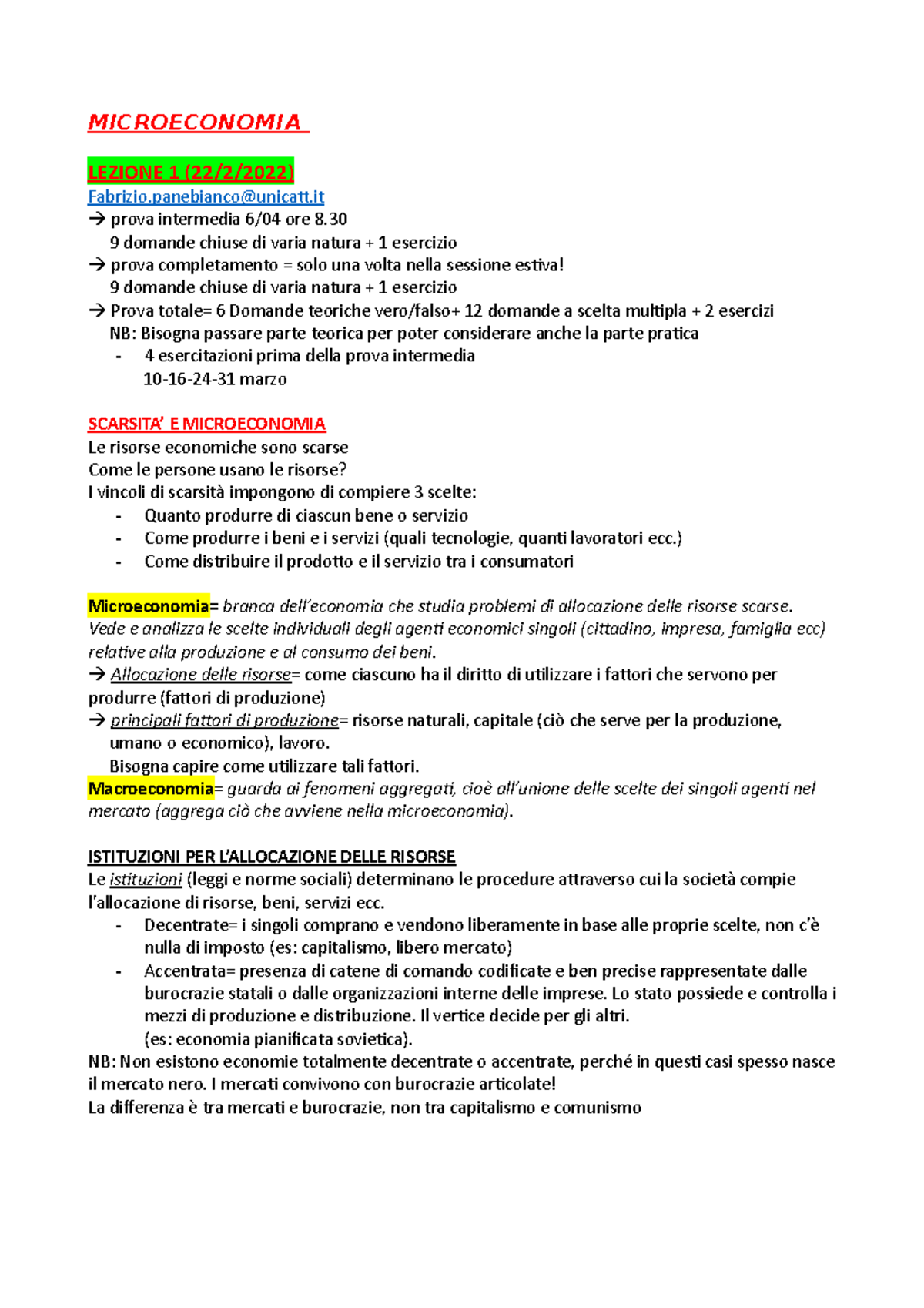 Microeconomia I Parziale (prof Panebianco) - MICROECONOMIA LEZIONE 1 ...