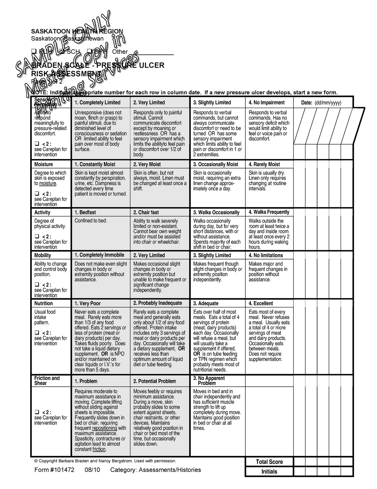 Braden Scale Pressure Ulcer - SASKATOON HEALTH REGION Saskatoon ...