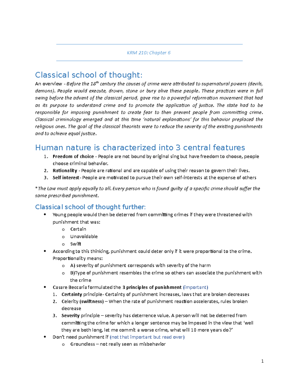 KRM 210 chapter 6 - KRM 210: Chapter 6 Classical school of thought: An ...