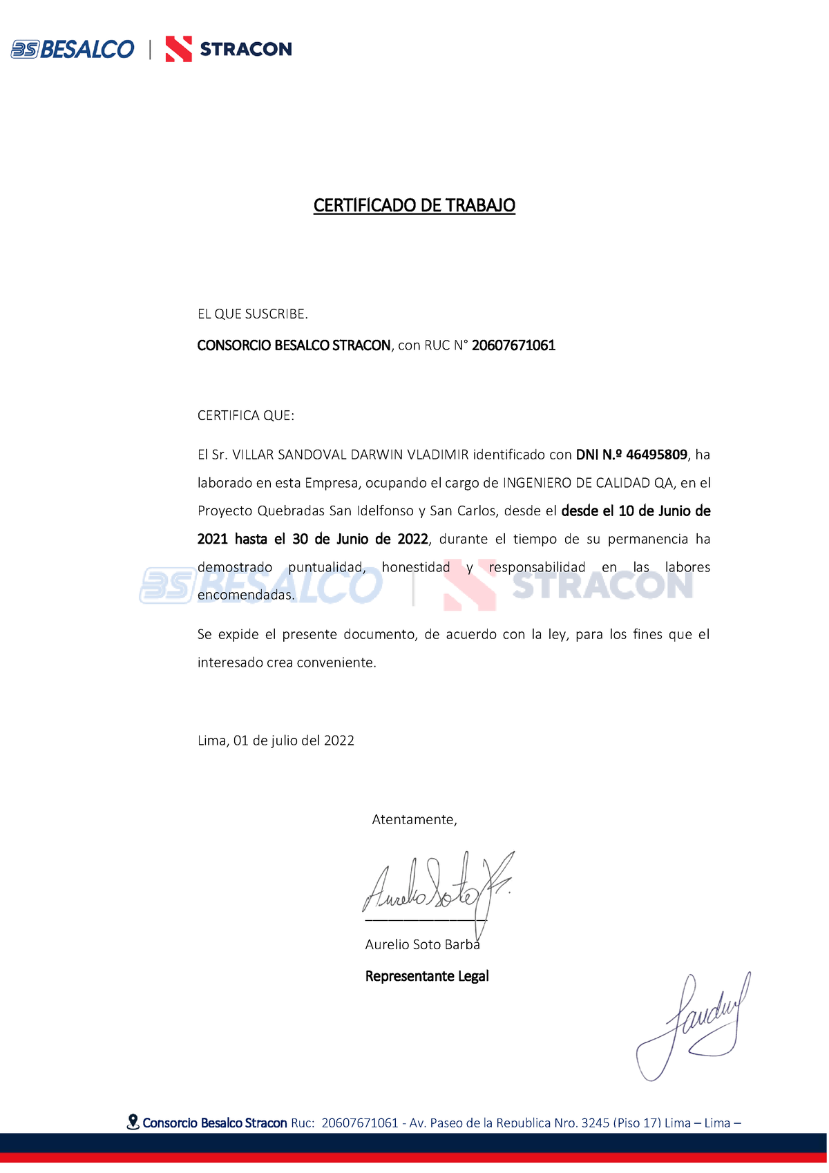 Certificado De Trabajo Sin Firma Act Consorcio Besalco Stracon Ruc 20607671061 Av Paseo De 5749