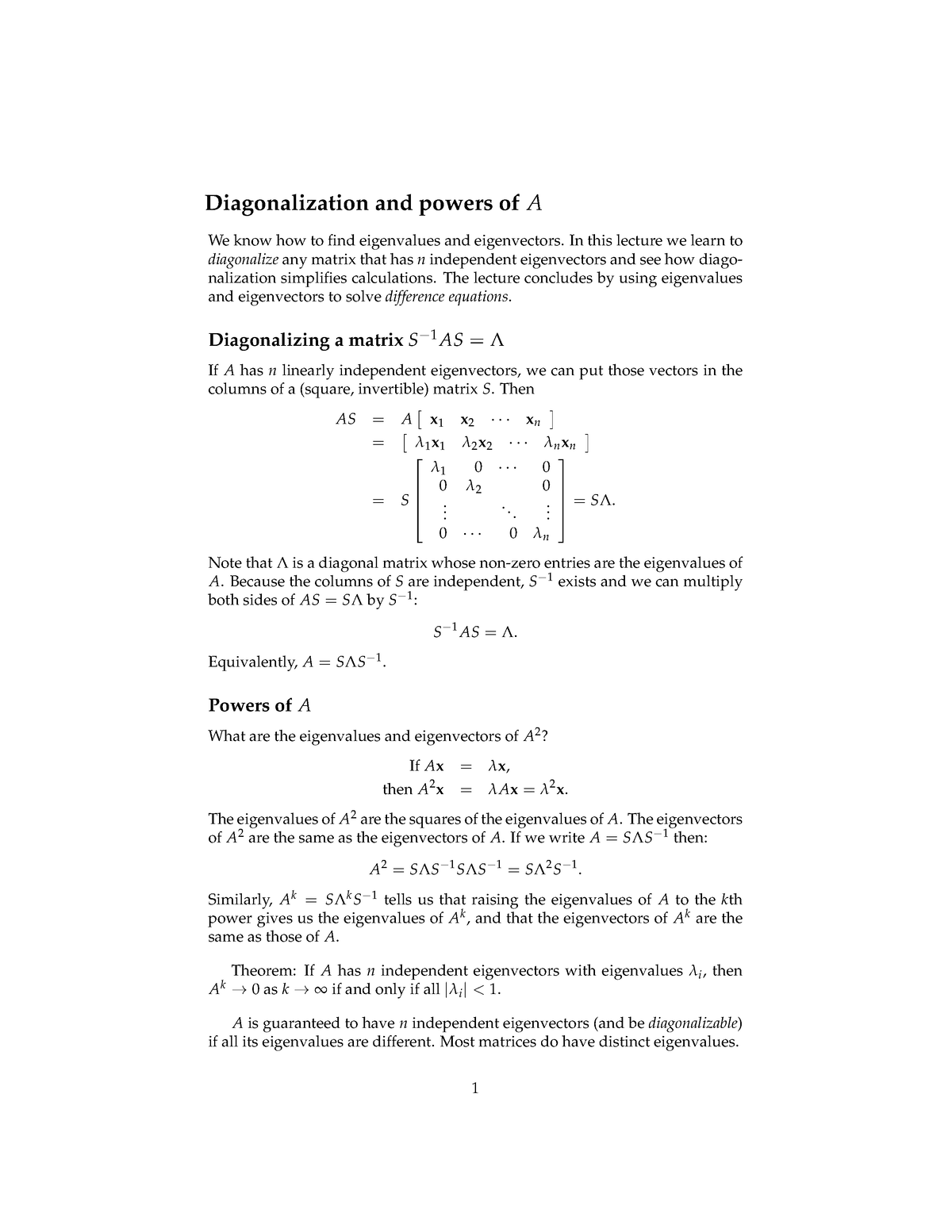 Diagonalization And Powers Of A - Diagonalization And Powers Of A We ...