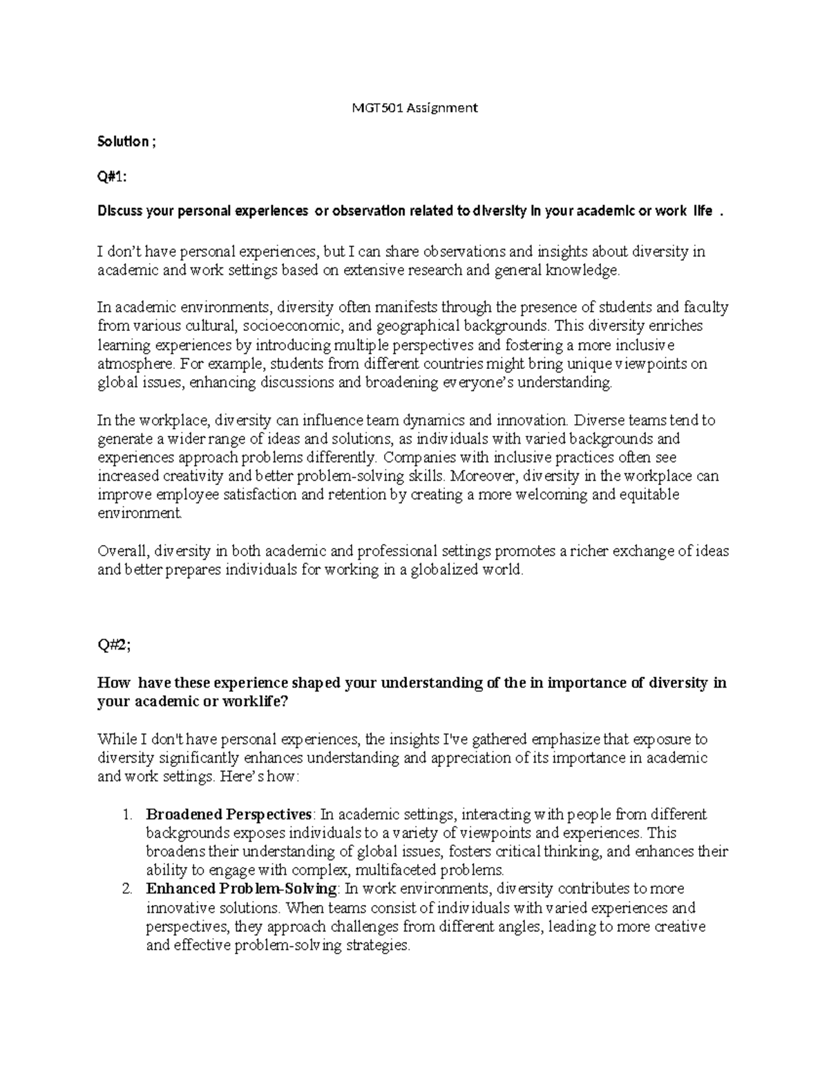 MGT501 Assignment solution MGT501 Assignment Solution ; Q1 Discuss your personal experiences