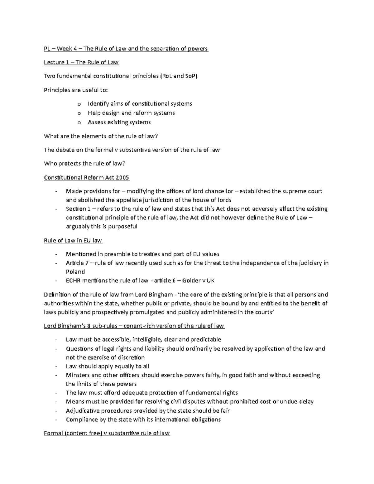 PL - Week 4 - Rule of law and the Separation of powers - PL – Week 4 ...