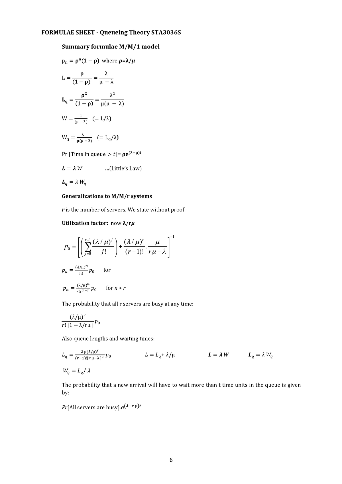 Queueing+Theory+Formulae+Sheet - 6 FORMULAE SHEET - Queueing Theory ...