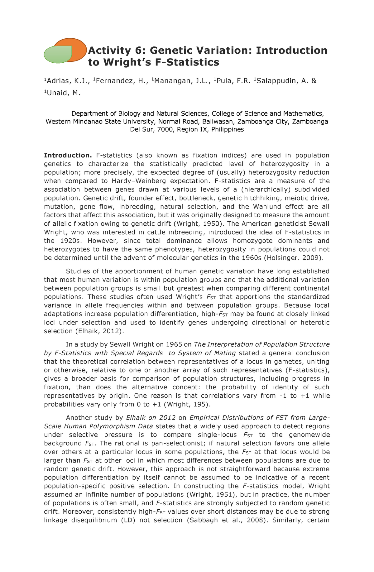 Activity 6-Wright’s F-Statistics (Group 1) - Activity 6: Genetic ...