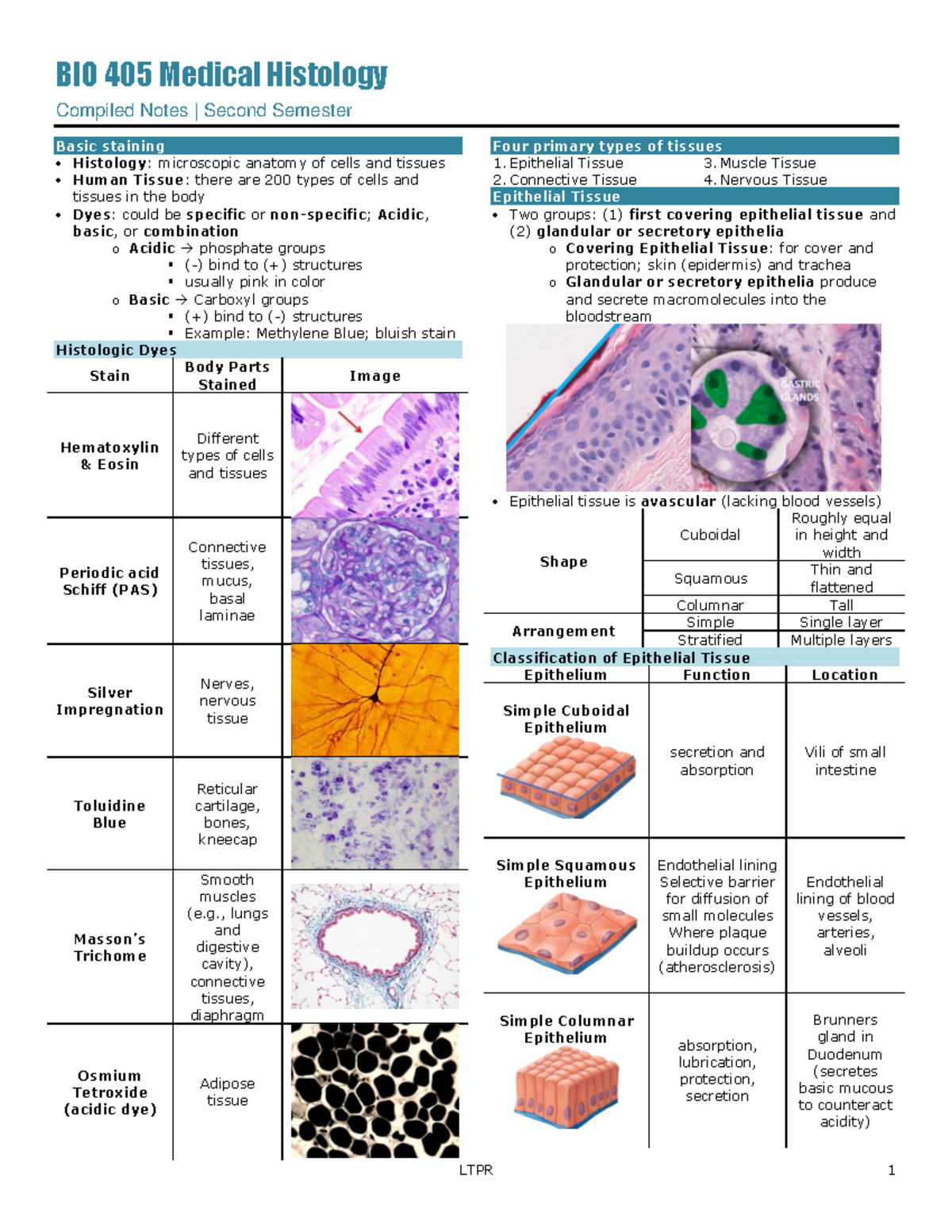 BIO101L-Reviewer - BIO 405 Medical Histology Compiled Notes | Second ...