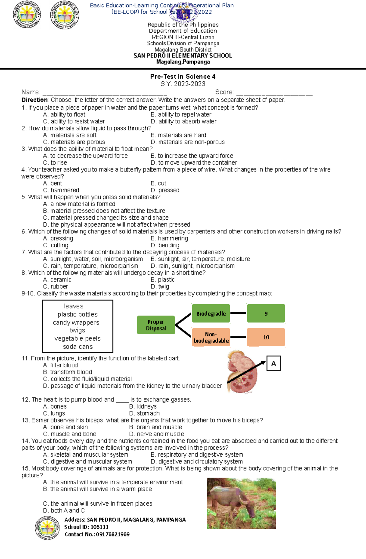 Pretest- Science - test - Proper Disposal Biodegradle 9 Non ...
