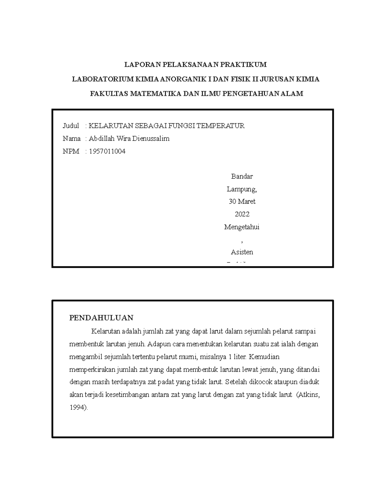 Laporan Praktikum Kimia Fisik Pendahuluan Kelarutan Adalah Jumlah Zat Yang Dapat Larut Dalam