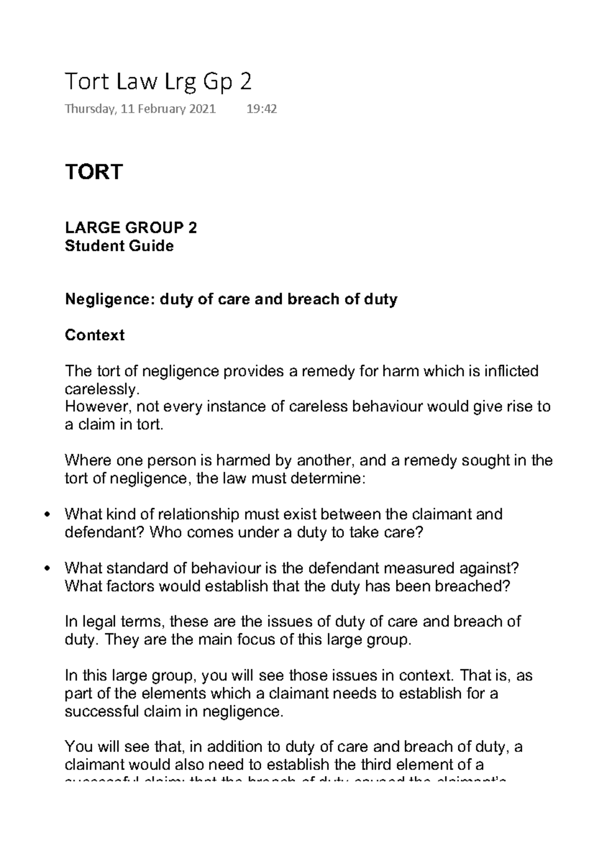 Negligence: Duty of care and breach of duty - TORT LARGE GROUP 2 ...