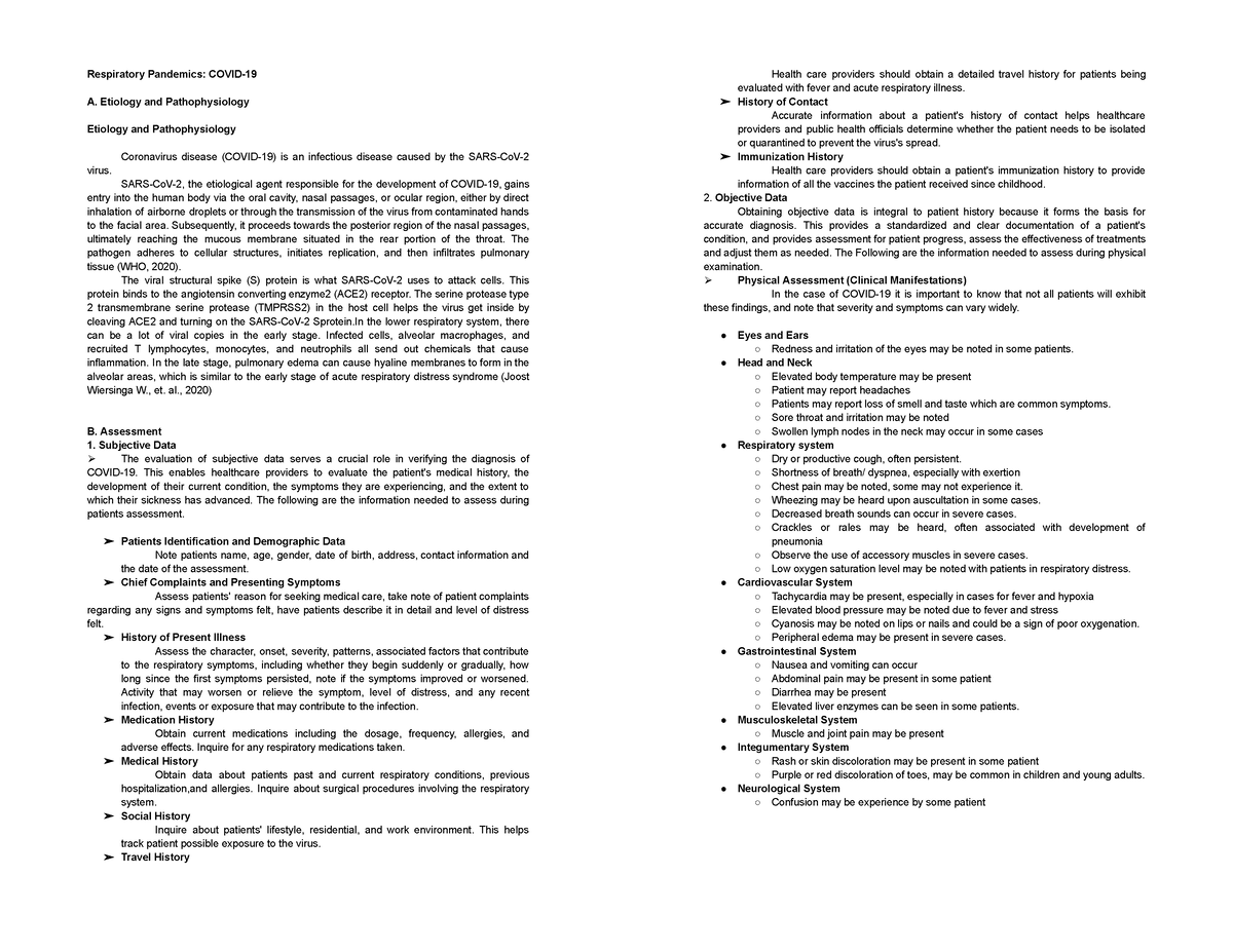 Respirtory Pandemics - Medsurg: Respi - Respiratory Pandemics: COVID- A ...