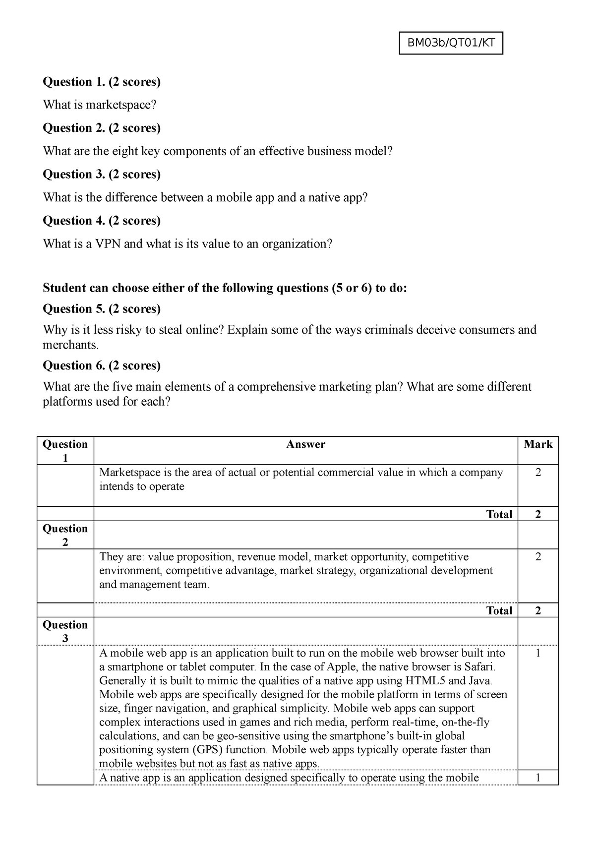 2019 2B E-commerce Final exam 2 solution - BM03b/QT01/KT Question 1. (2 ...