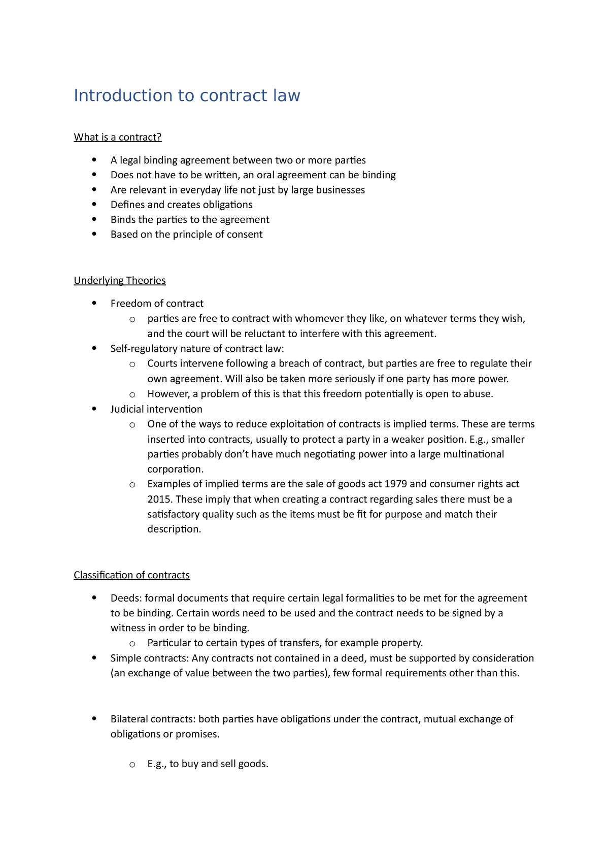 Contract Law Notes L.1 - Introduction To Contract Law What Is A ...