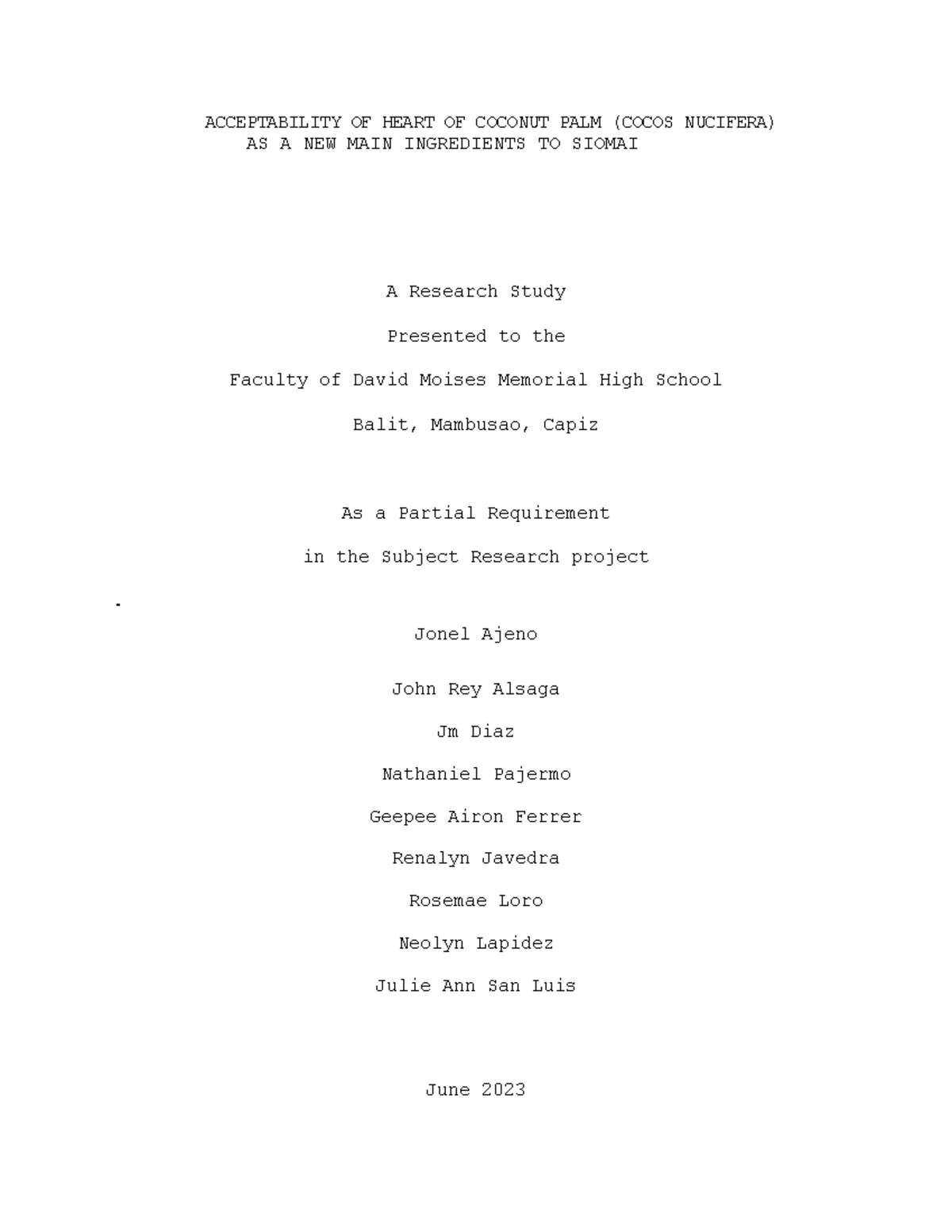 Acceptability OF Heart OF Coconut PALM ACCEPTABILITY OF HEART OF