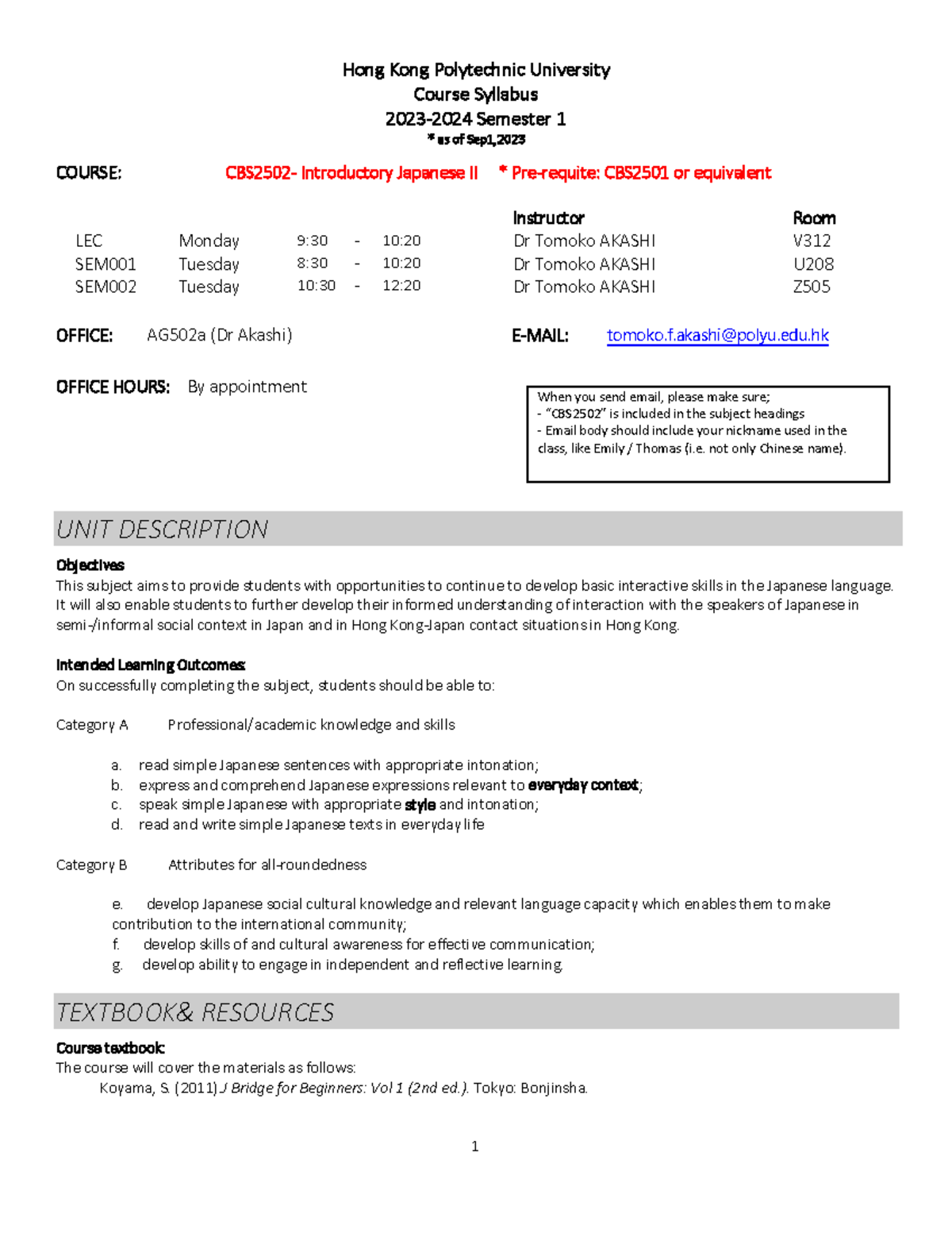CBS2502 Course Outline 2023-24 Semester 1 as of September 1,2023 - Hong ...