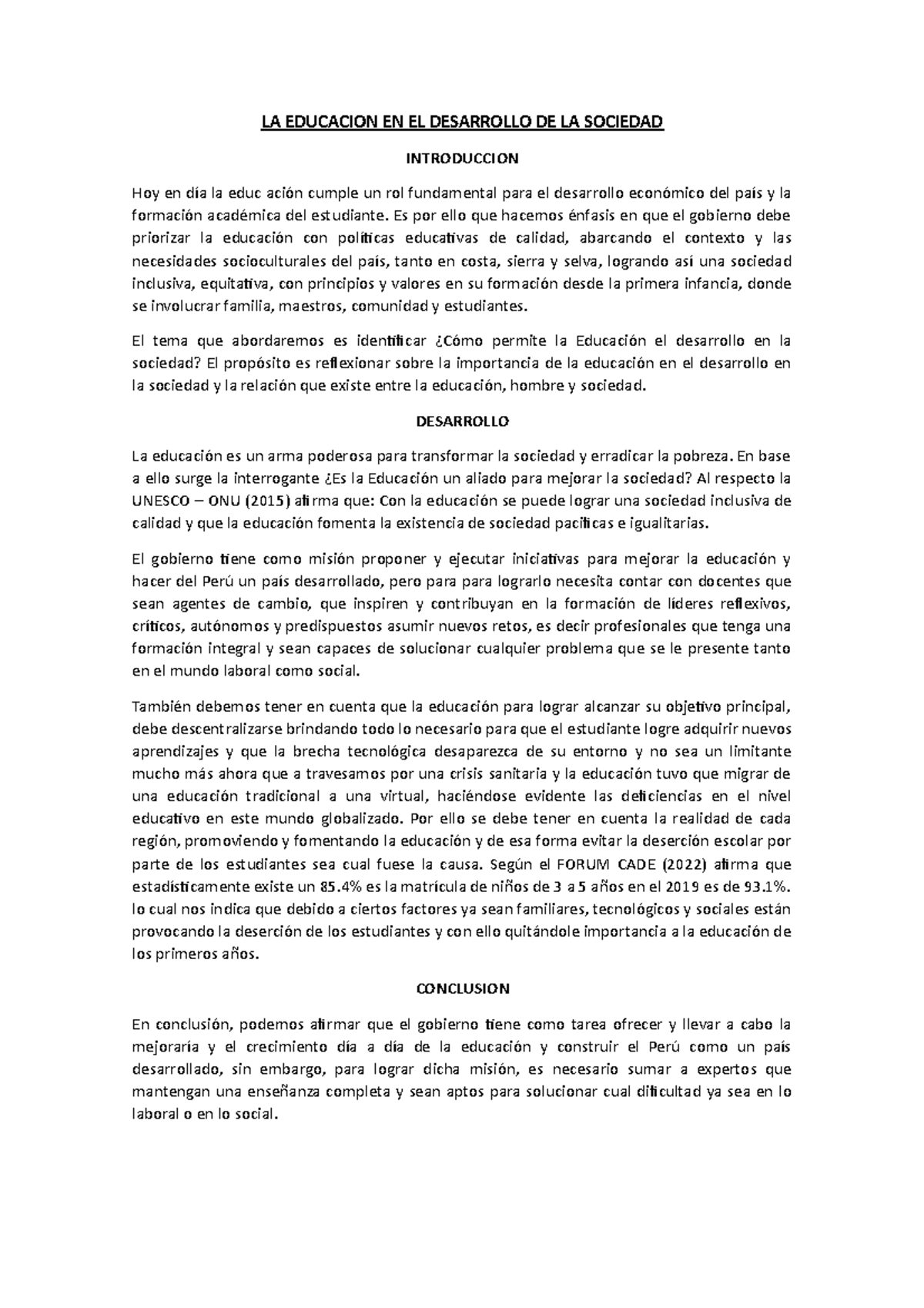 Ensayo - LA Educacion EN EL Desarrollo DE LA Sociedad - LA EDUCACION EN ...