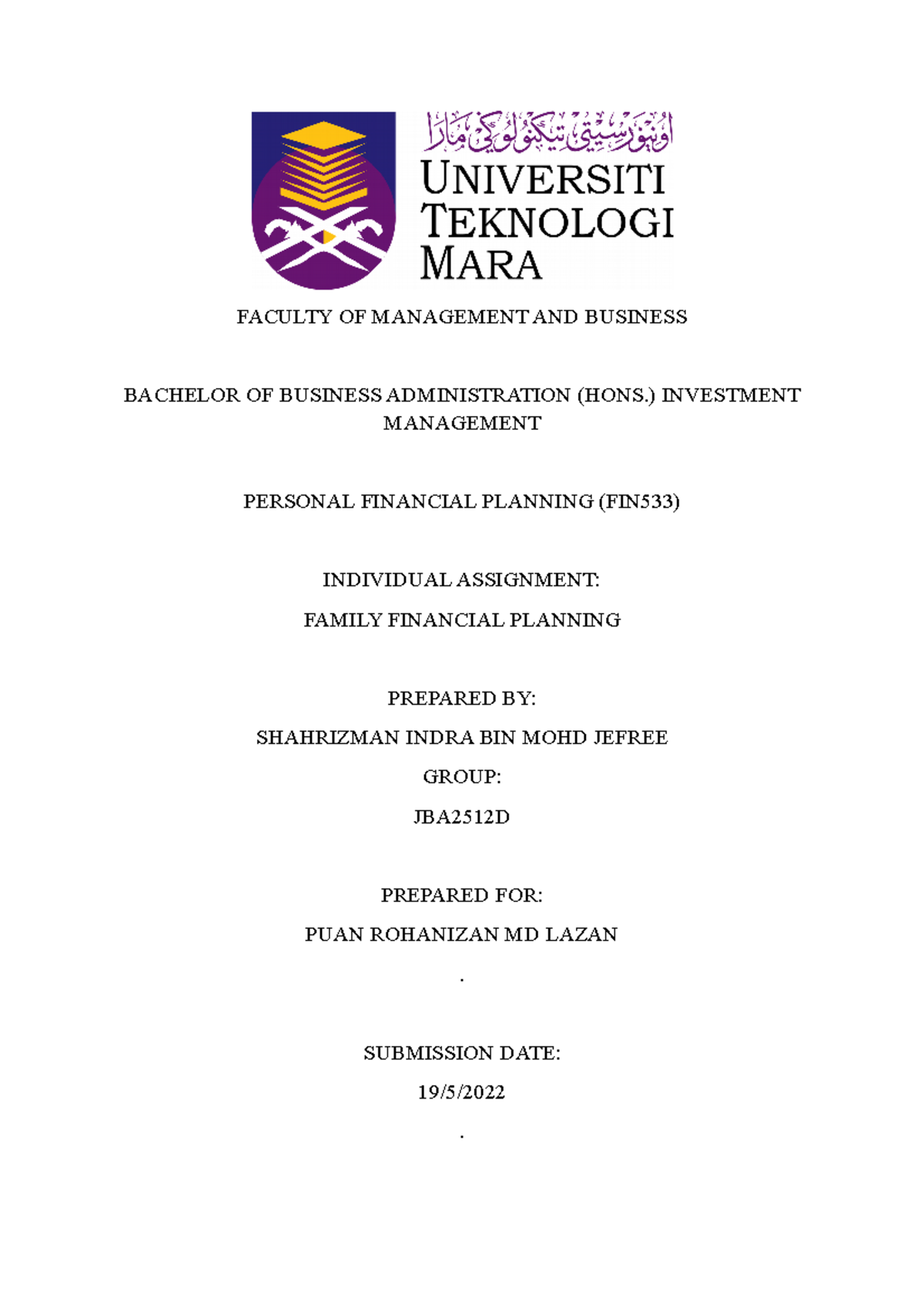 Individual Assignment FIN533 Shahrizman Indra BIN MOHD Jefree JBA2512D ...