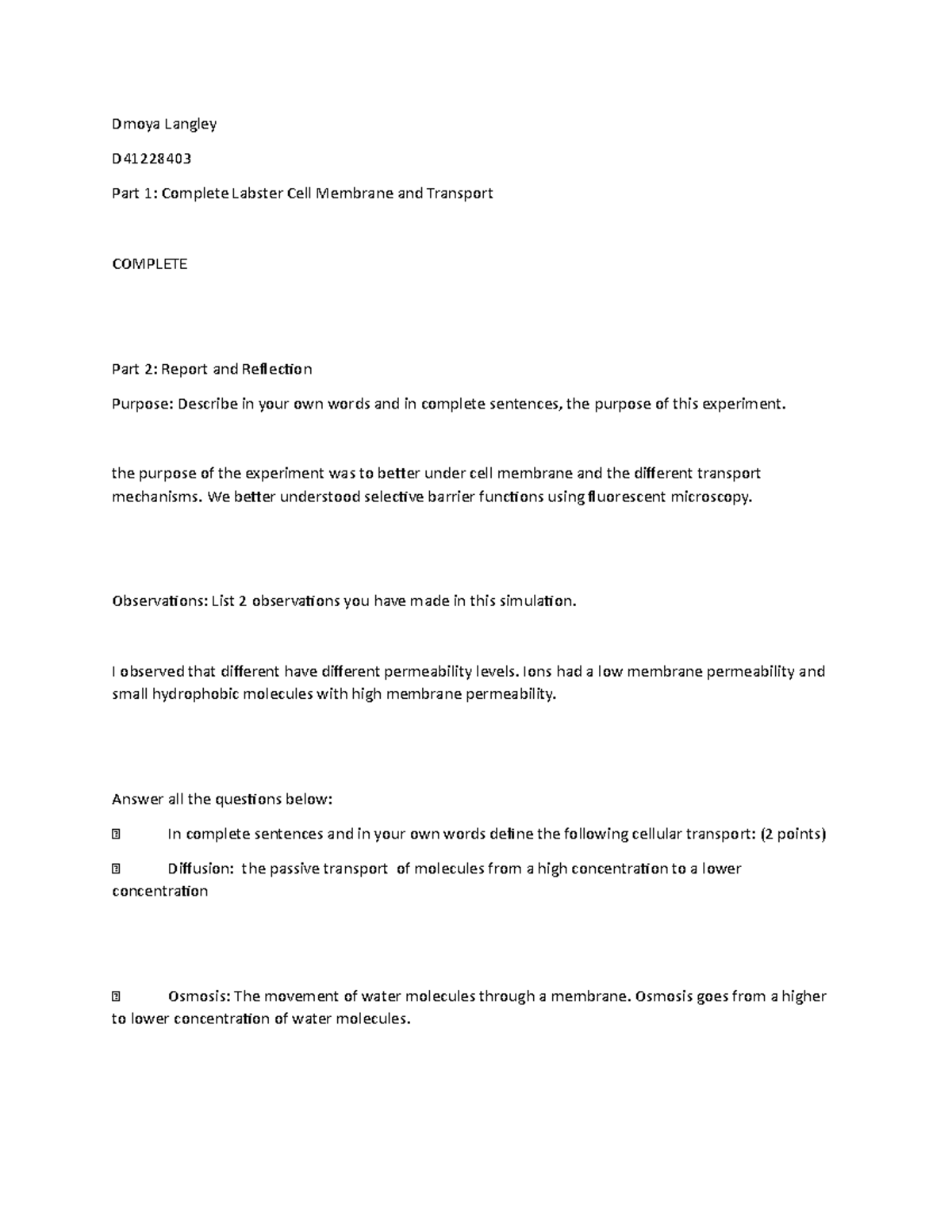 CELL Membrane AND Transport Dmoya Langley D Part 1 Complete Labster
