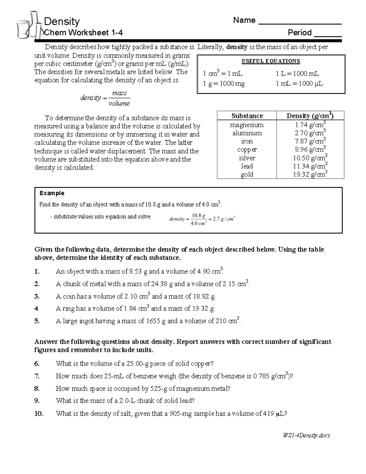 WS1-4Density - Notes - WS1-4Density Example Find the density of an ...