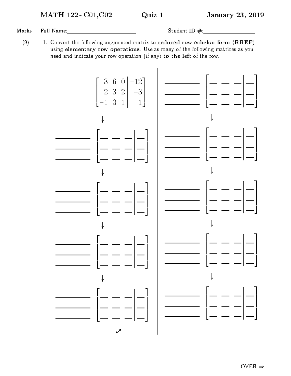 QUIZ Version 1 Questions - MATH 122 - C01,C02 Quiz 1 January 23, 2019 ...