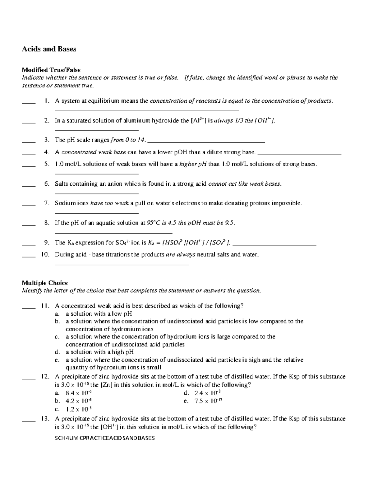 Test 3 2018, Questions And Answers - Acids And Bases Modified True 