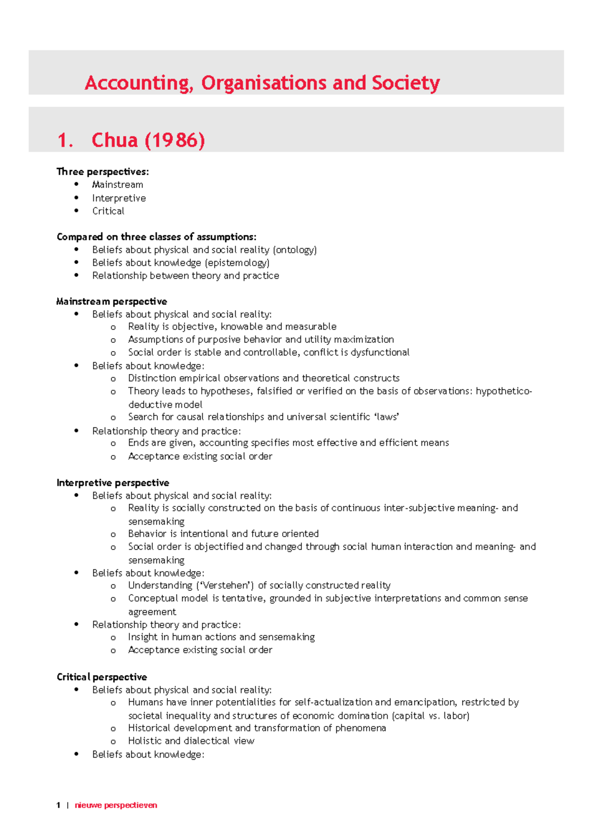 Accounting Organisations And Society AOS Summary - Samenvattingen van alle behandelde papers. - Accounting