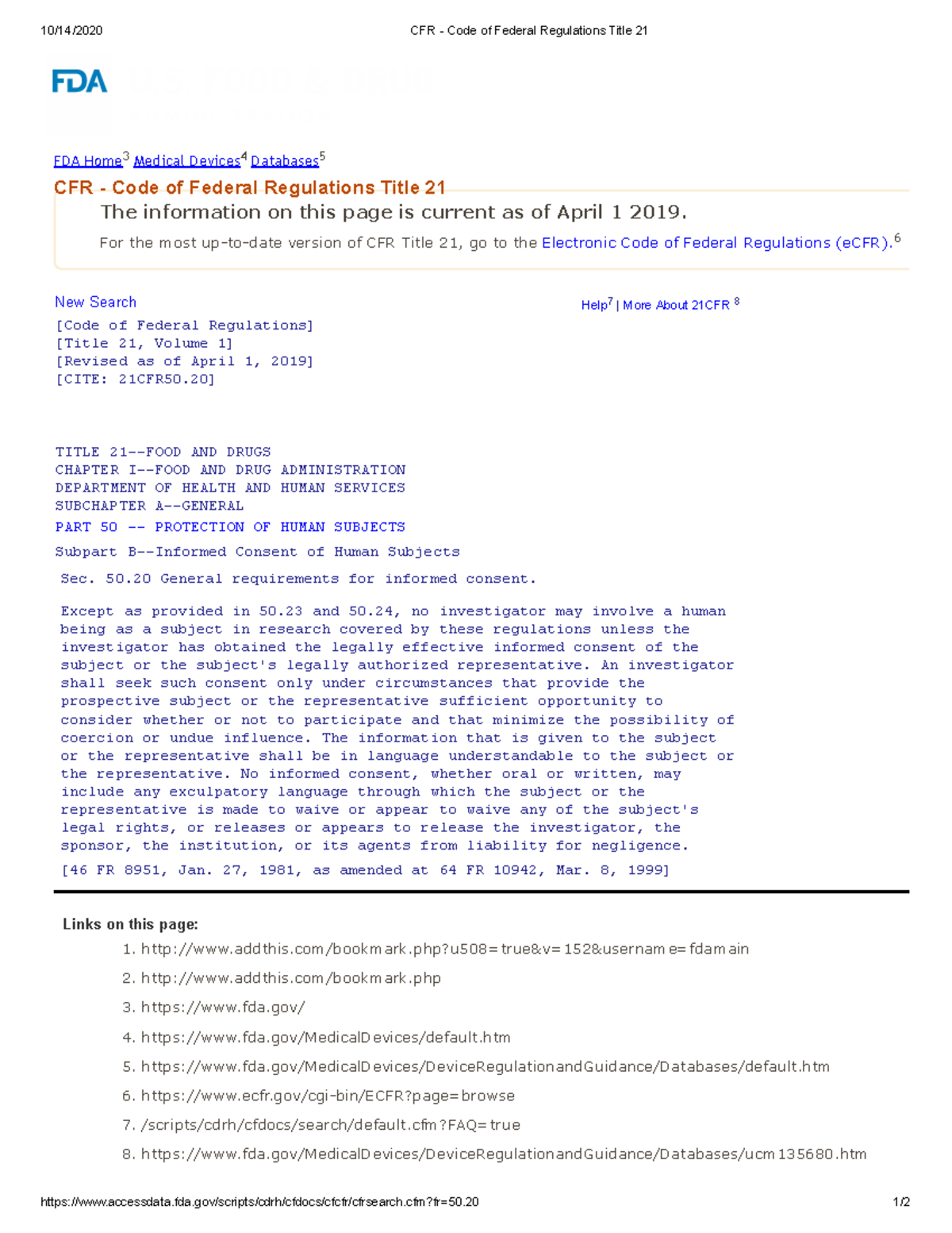 CFR Code of Federal Regulations Title 21 50 fda/scripts/cdrh/cfdocs