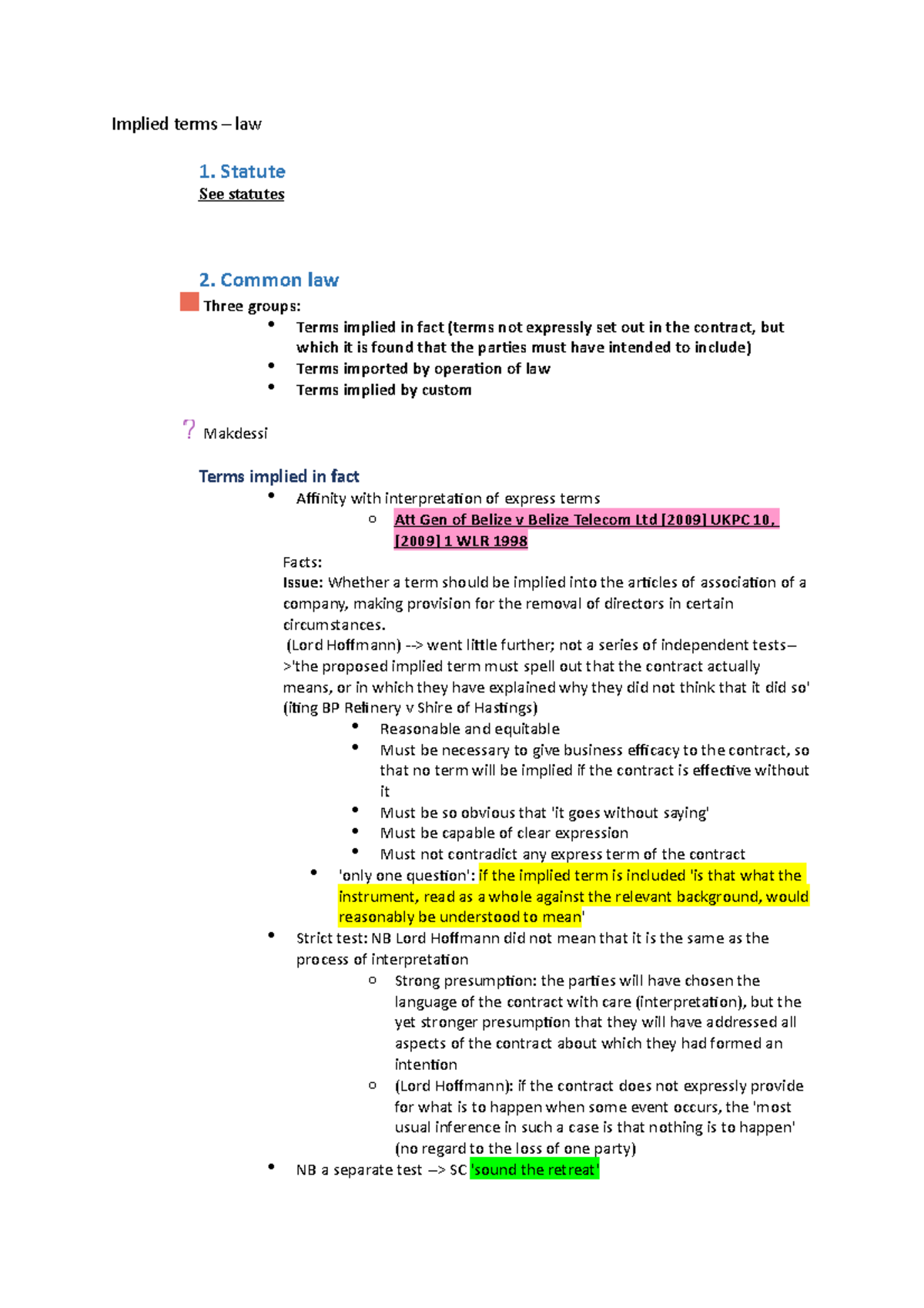 Implied Terms Law Implied Terms Law 1 Statute See Statutes 2 