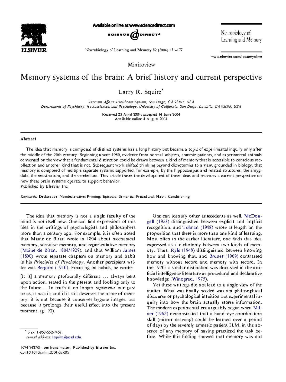 Squire (2004 ) Memory systems of the brain - a brief history and ...
